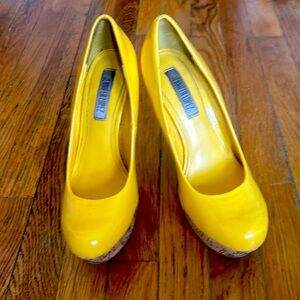 Yellow platform cork heels